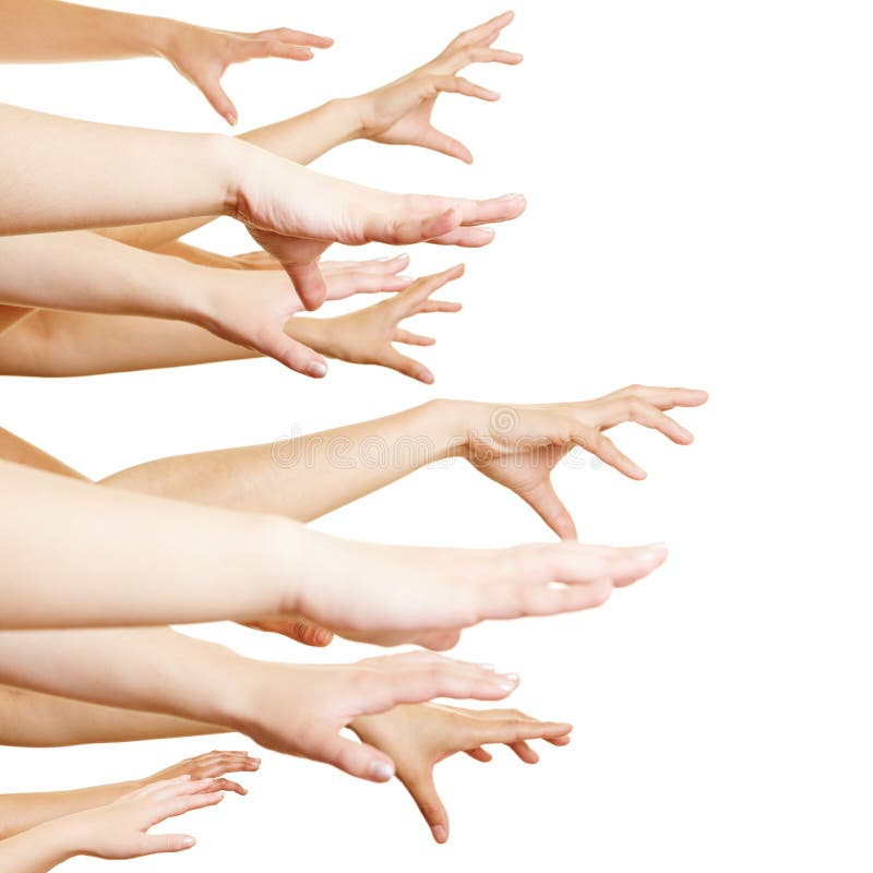 Many hands reaching sideways