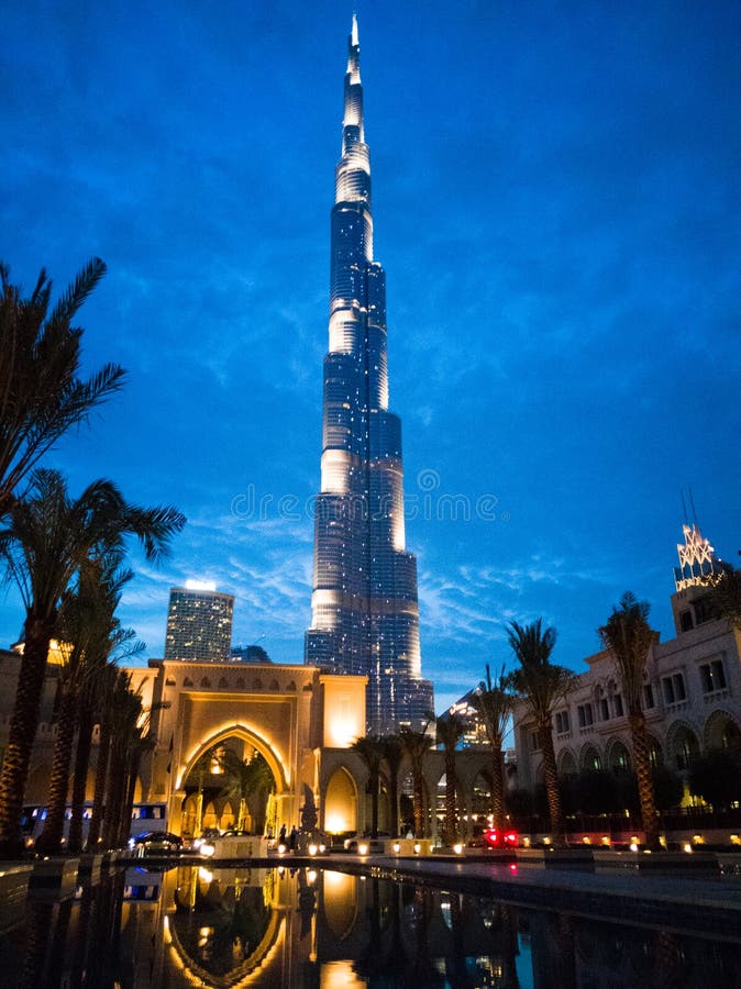 Dubai Burj Khalifa Tower Night View In Sunset Stock Image Image Of