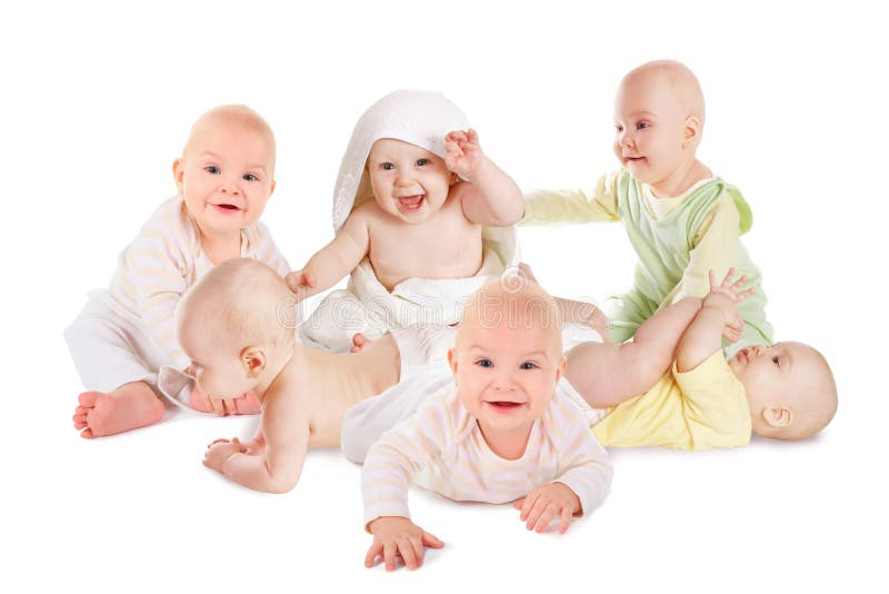 Many joyful smiling babies six group sitting looking at camera isolated collage