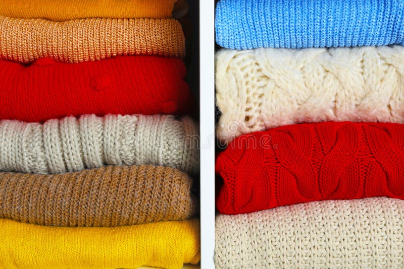 Many Knitted Winter Clothes Stacked on Shelves Stock Photo Image of cloth, autumn 159315134