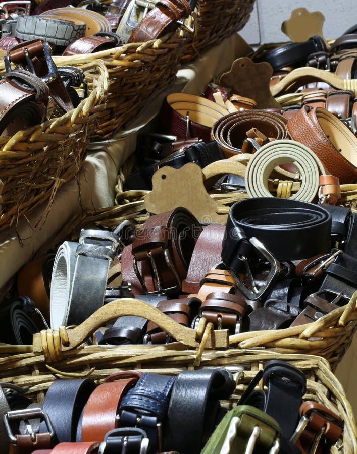 So Many Leather Belts for Sale in the Clothing Store Stock Image