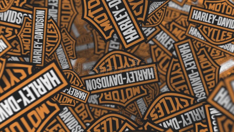 Many moving logos of HARLEY-DAVIDSON. Editorial loopable motion background stock video