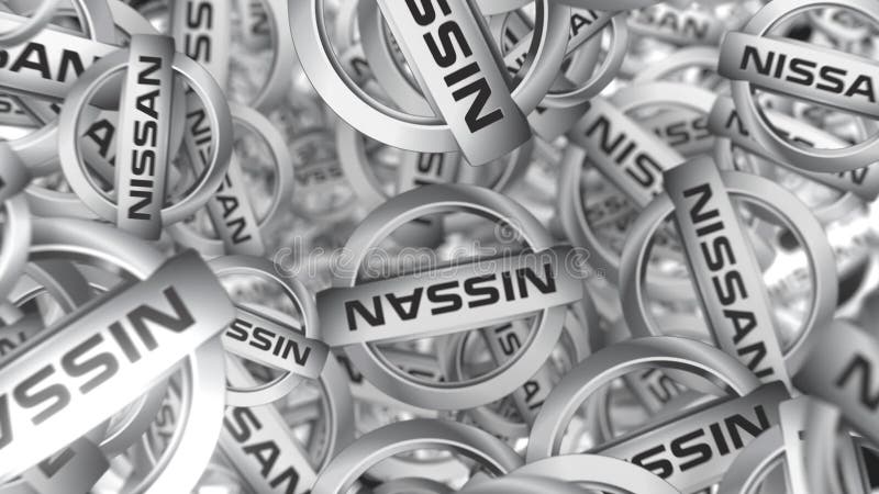 Many moving logos of NISSAN. Editorial loopable motion background stock illustration
