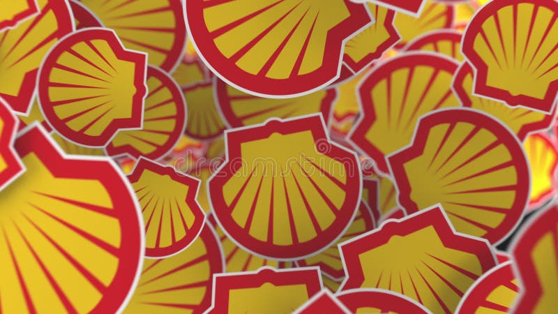 Many moving logos of ROYAL DUTCH SHELL. Editorial loopable motion background royalty free illustration