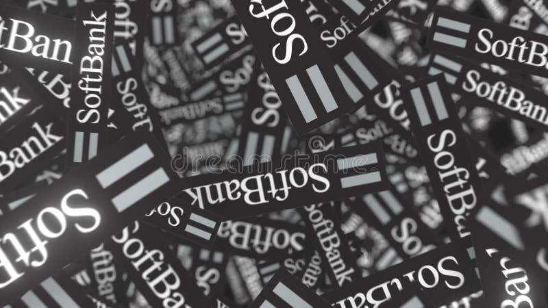 Many moving logos of SOFTBANK. Editorial loopable motion background stock illustration