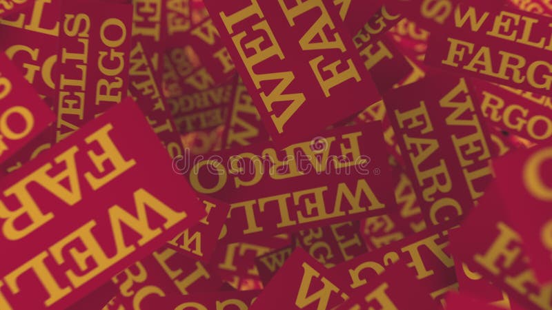 Many moving logos of WELLS FARGO. Editorial loopable motion background stock video footage