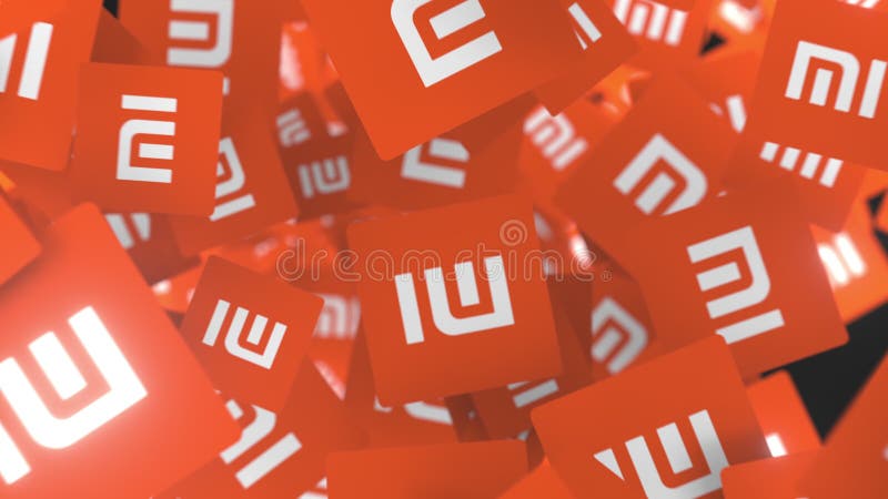 Many moving logos of XIAOMI CORPORATION. Editorial loopable motion background vector illustration