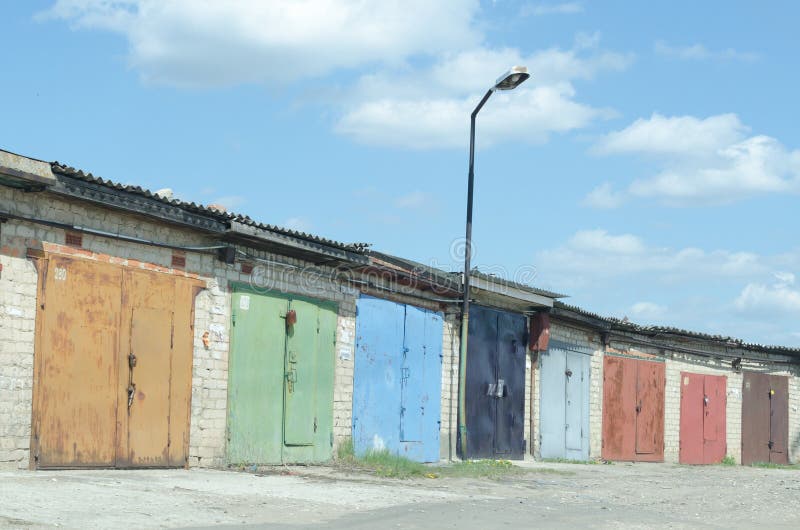Many old garages with painted doors royalty free stock photography Many old garages with painted doors royalty free stock photography