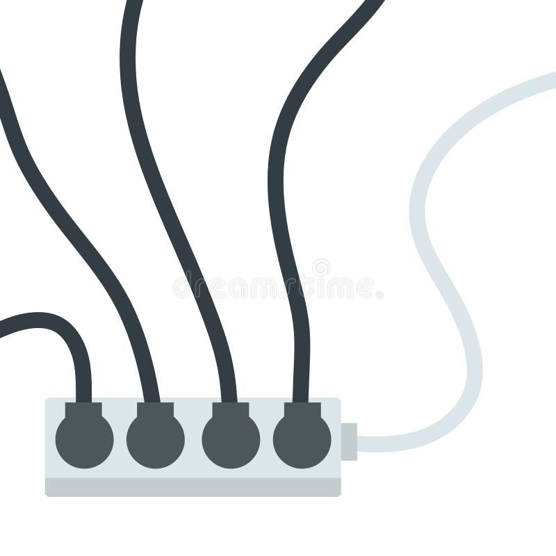 Many outlets to plug with wires. load on system. Cartoon flat illustration vector illustration