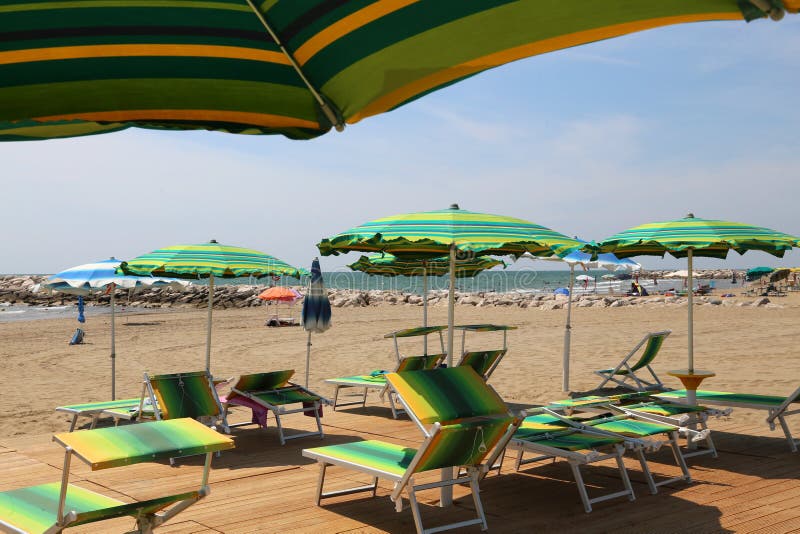 Many Parasols and Deck Chairs on the Beach Resort Stock Photo Image