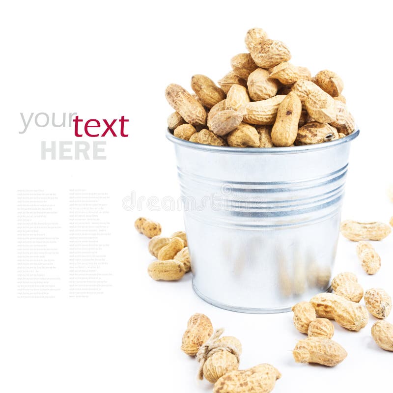 Peanuts in shells in a metal bucket closeup (with easy removable sample text). Peanuts in shells in a metal bucket closeup (with easy removable sample text)