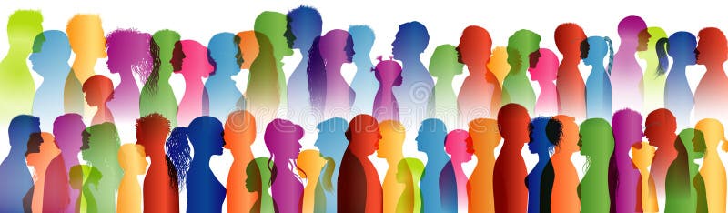 Talking crowd. Dialogue group of many people. Colored silhouette profiles. People talking. Speak. To communicate. Social network.