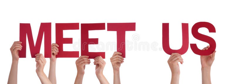 Many People Hands Holding Red Straight Word Meet Us Stock Image Image