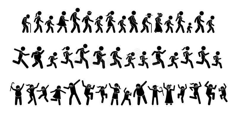 Many people walking, running, and dancing together. stock illustration