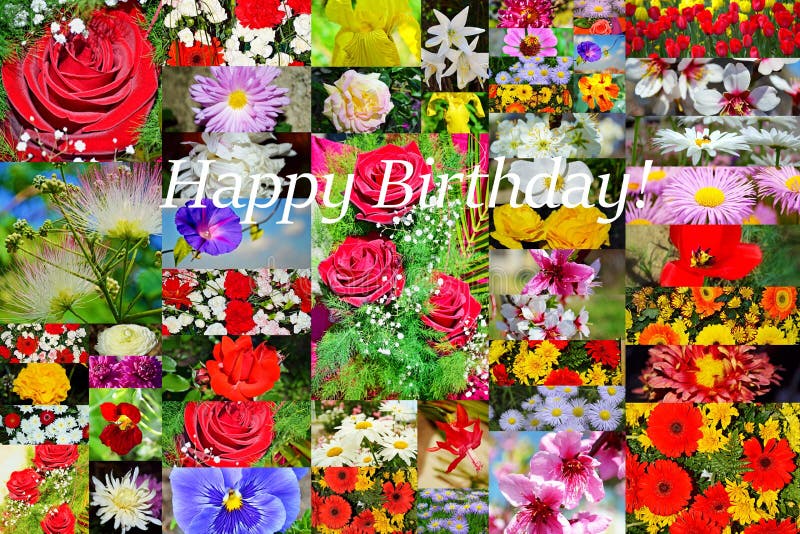 Many pictures of colorful bright flowers postcard with Happy Birthday label. Many pictures of colorful bright flowers postcard with Happy Birthday label