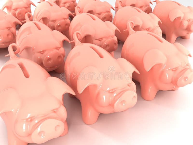 Many piggy banks on white