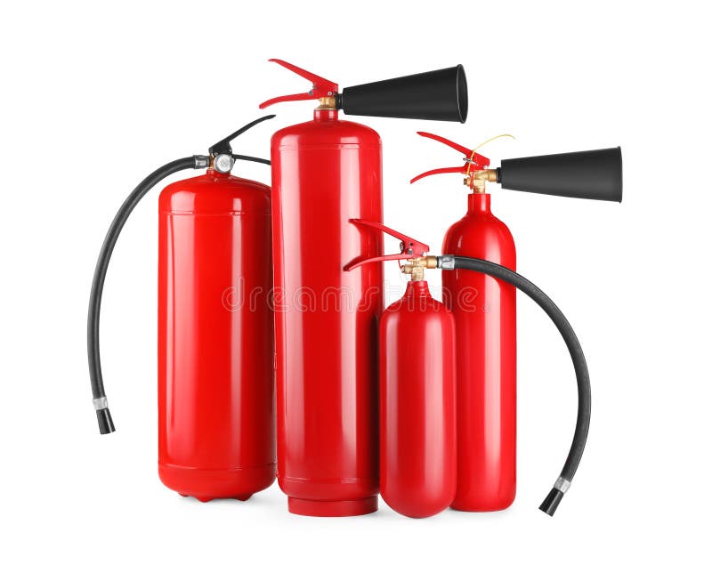 Many fire extinguishers on white background stock photography