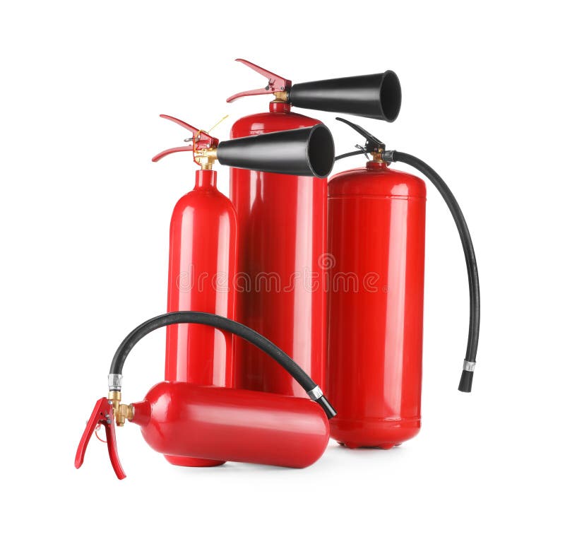 Many red fire extinguishers on white background stock photo