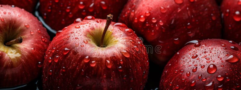 Many red ripe apples close-up with water drops stock images