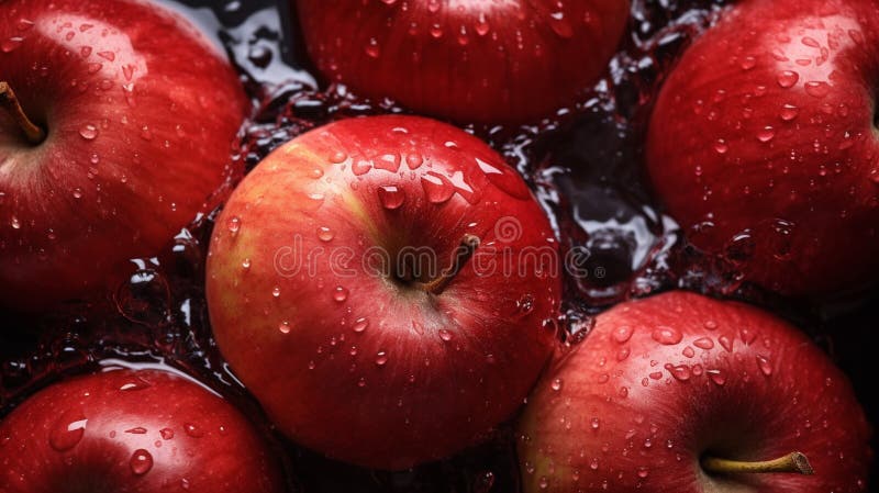 Many red ripe apples close-up with water drops stock photos