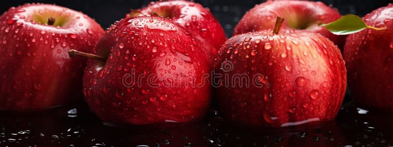 Many red ripe apples close-up with water drops stock photography