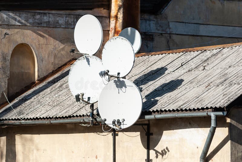 Many Satellite Dish Antennas Mounted on the House Stock Image Image
