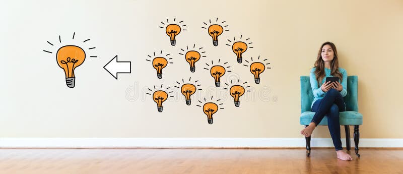 Many small ideas into one big idea with young woman stock images Many small ideas into one big idea with young woman stock images