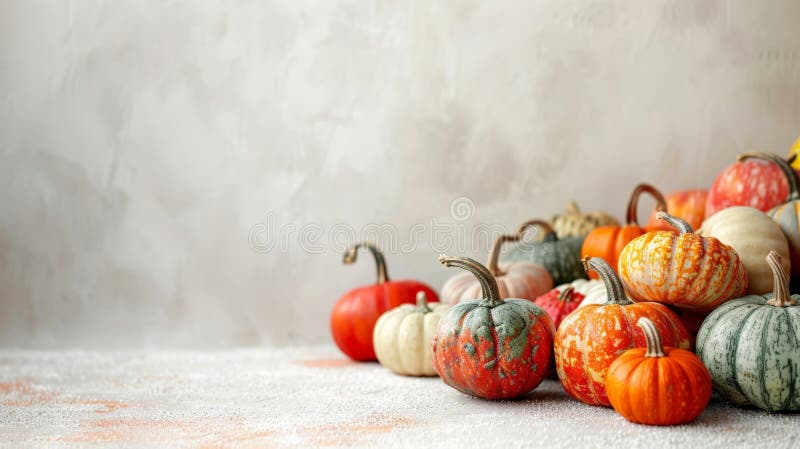 Many small pumpkins on table stock photos