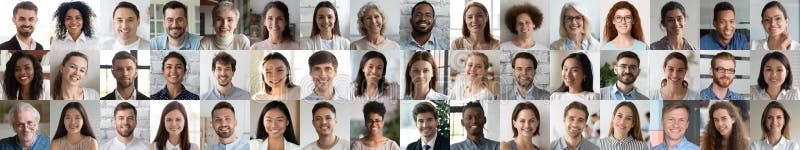 Many smiling multiethnic people faces headshots collage mosaic, banner design royalty free stock photos