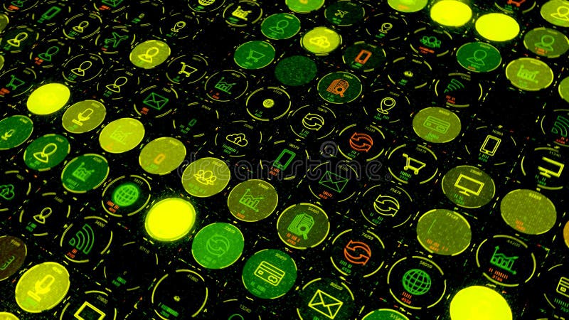 Many symmetrical rows of digital icons blinking on dark background, seamless loop. Animation. Network signs, internet connection, wifi, and online shopping concept