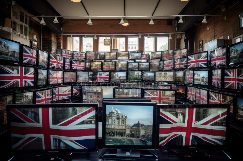 a large number of televisions with the flag of the United Kingdom of Great Britain and Northern Ireland on the screens are tuned to the channel broadcasting the coronation in Britain. Generative AI. a large number of televisions with the flag of the United Kingdom of Great Britain and Northern Ireland on the screens are tuned to the channel broadcasting the coronation in Britain. Generative AI