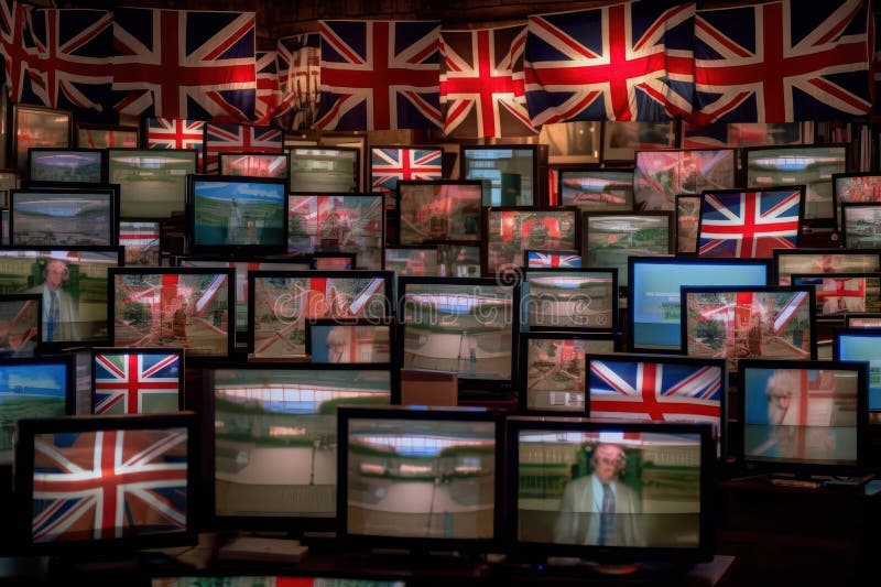 a large number of televisions with the flag of the United Kingdom of Great Britain and Northern Ireland on the screens are tuned to the channel broadcasting the coronation in Britain. Generative AI. a large number of televisions with the flag of the United Kingdom of Great Britain and Northern Ireland on the screens are tuned to the channel broadcasting the coronation in Britain. Generative AI