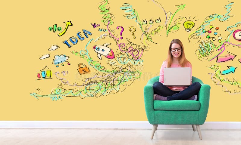 Many thoughts with woman using a laptop stock photo Many thoughts with woman using a laptop stock photo