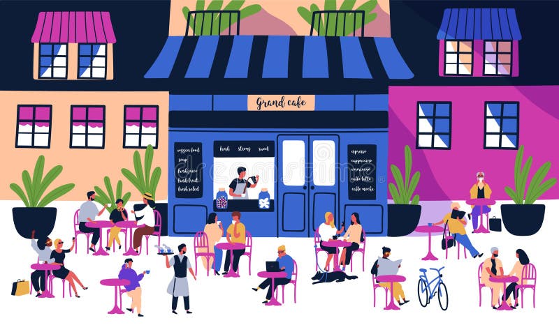 Many tiny people sitting at outdoor sidewalk cafe, coffeehouse or restaurant with tables, chairs on city street against royalty free illustration Many tiny people sitting at outdoor sidewalk cafe, coffeehouse or restaurant with tables, chairs on city street against royalty free illustration