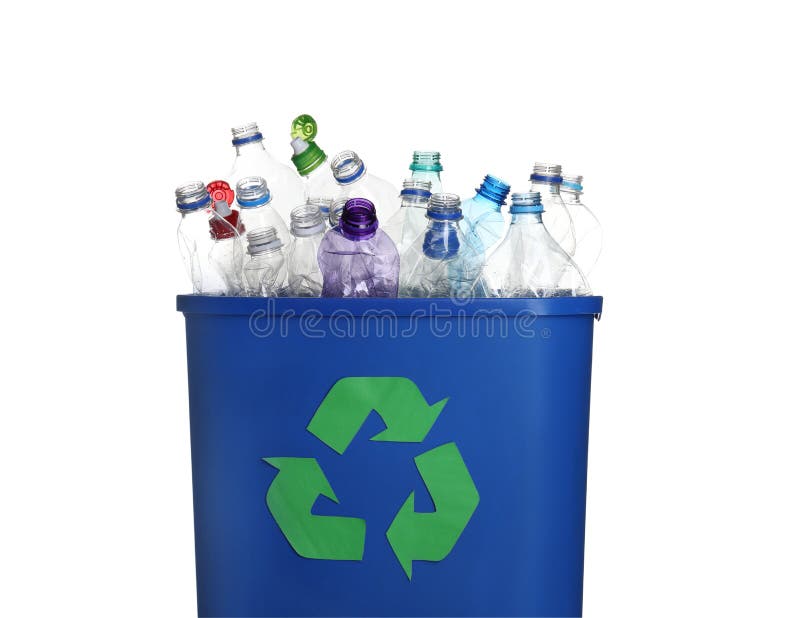 Many Used Bottles in Trash Bin Isolated. Plastic Recycling Stock Image