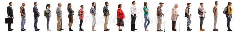 Many young and older people waiting in line stock image