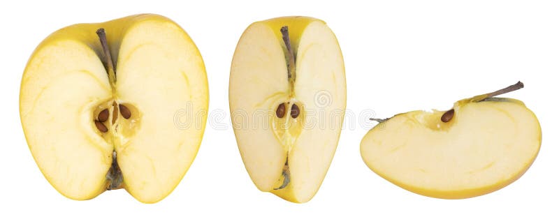 Yellow apple cut into quarters on a white background. Yellow apple cut into quarters on a white background