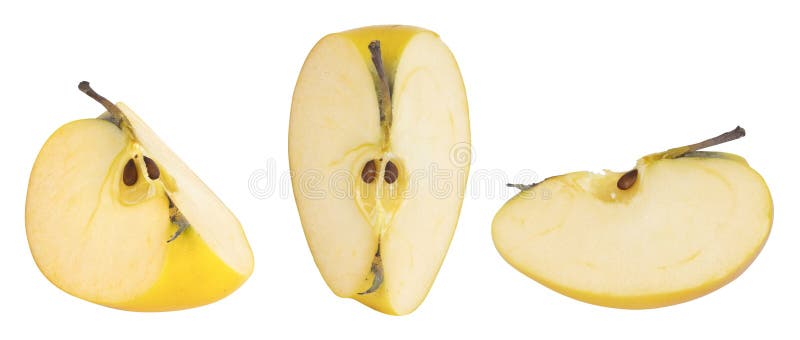 Yellow apple cut into quarters on a white background. Yellow apple cut into quarters on a white background