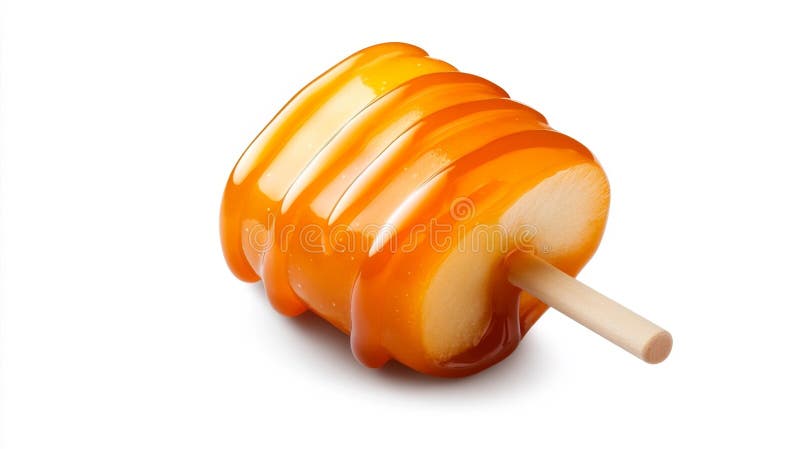 Manzana de caramelo recubierta de caramelo en un palo con un acabado brillante stock de ilustración
