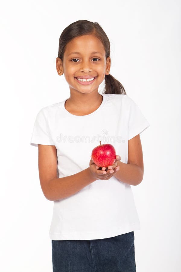 Manzana de la explotación agrícola de la muchacha imagen de archivo