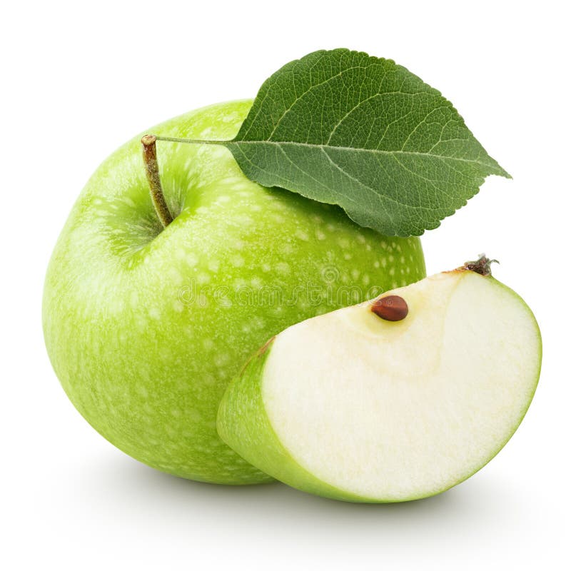 Manzana verde con la hoja y rebanada aislada en un blanco