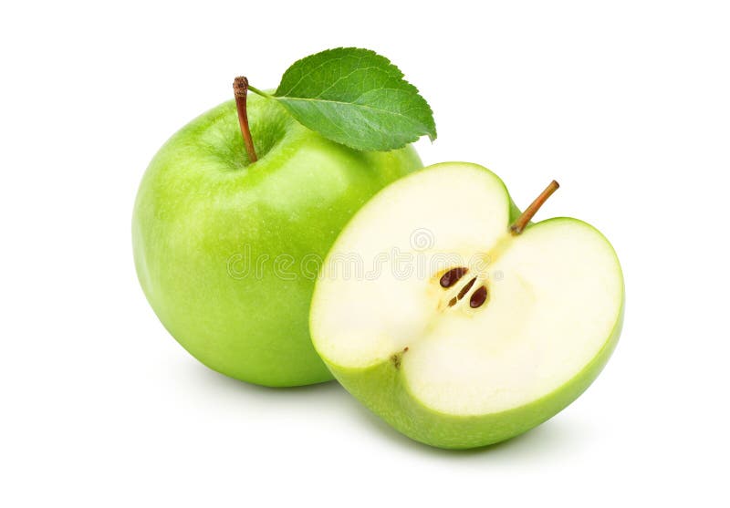 Manzana verde fresca con hoja verde y cortada a la mitad foto de archivo libre de regalías