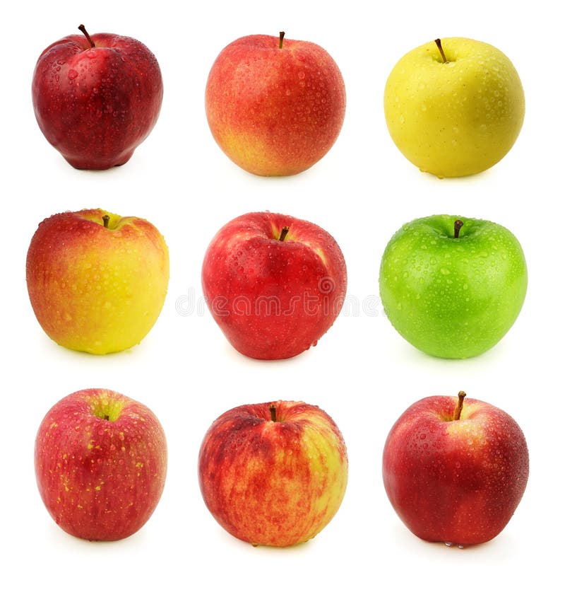 Apples with water drops, isolated on pure white background. 1 row: Red Delicious, Sonya, Golden Delicious 2 row: Ambrosia, Honey Crisp, Granny Smith 3 row: Fuji, Jonagold, Gala. Apples with water drops, isolated on pure white background. 1 row: Red Delicious, Sonya, Golden Delicious 2 row: Ambrosia, Honey Crisp, Granny Smith 3 row: Fuji, Jonagold, Gala