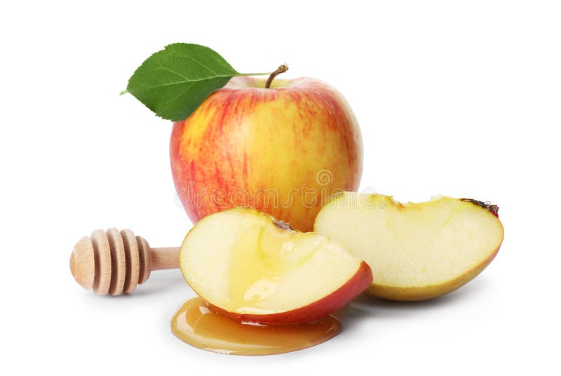 Apples, honey and dipper on white background. Apples, honey and dipper on white background