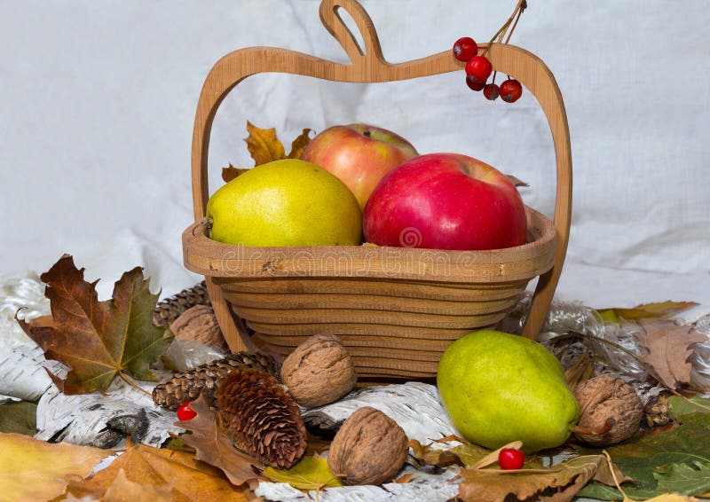Manzanas, peras y nueces en la cesta imágenes de archivo libres de regalías Manzanas, peras y nueces en la cesta imágenes de archivo libres de regalías