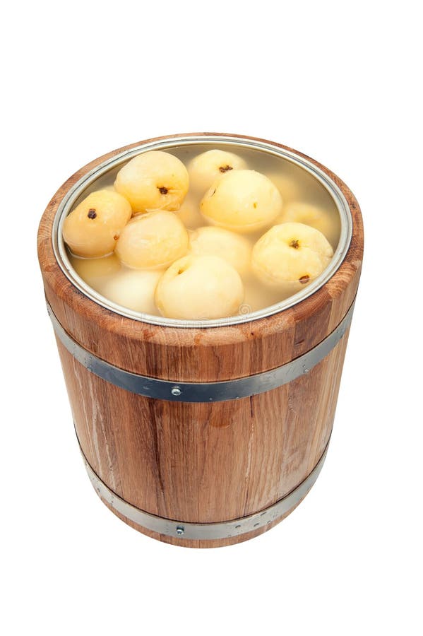 Pickled apples in a barrel on a white background. Pickled apples in a barrel on a white background