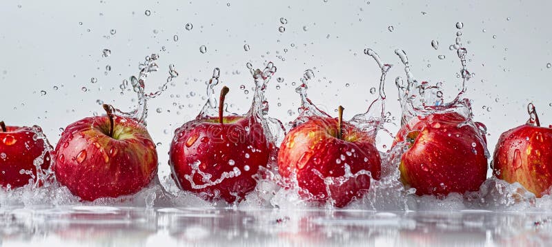 Manzanas rojas en salpicaduras de agua blanco gorizontal espacio de fondo. Manzanas rojas en salpicaduras de agua blanco gorizontal copia espacio de vista lateral ai generado