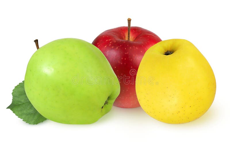 Red, green and yellow apples on an isolated white background. Fresh. Red, green and yellow apples on an isolated white background. Fresh