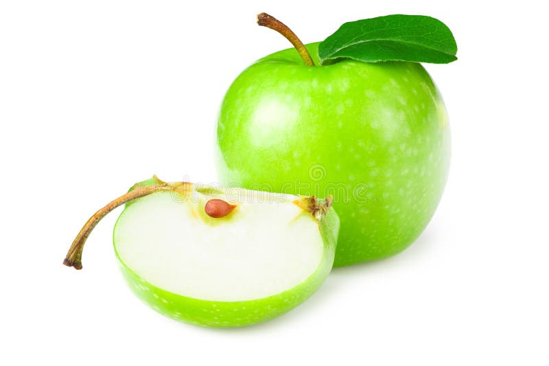 Manzanas verdes con rodajas y hojas verdes aisladas en fondo blanco