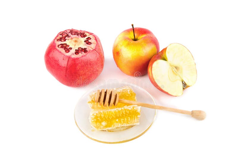 Honey, apples and pomegranate isolated on white background. Honey, apples and pomegranate isolated on white background